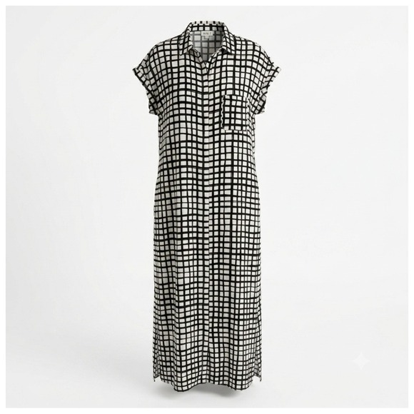 WHIT Dresses & Skirts - WHIT Sutton Shirt Dress Silk Black White Grid Print Maxi Short Sleeve Size M‎